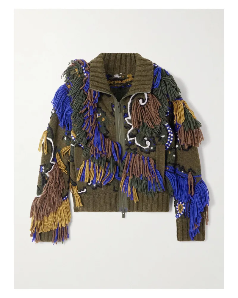 Sacai Cardigan Aus Einer Wollmischung In Jacquard-strick Mit Fransen Und Stickereien - Grün Grün
