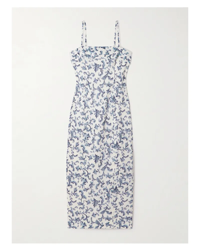 Posse Rue Pleated Printed Linen And Silk-blend Midi Dress - Blue Blue