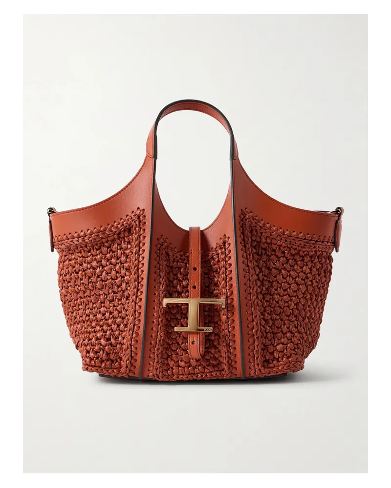 TOD'S T Timeless Leather-trimmed Raffia Shoulder Bag - Red Red