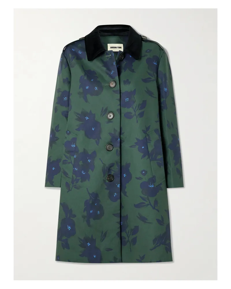 SHUSHU/TONG Velvet-trimmed Floral-print Woven Trench Coat - Green Green