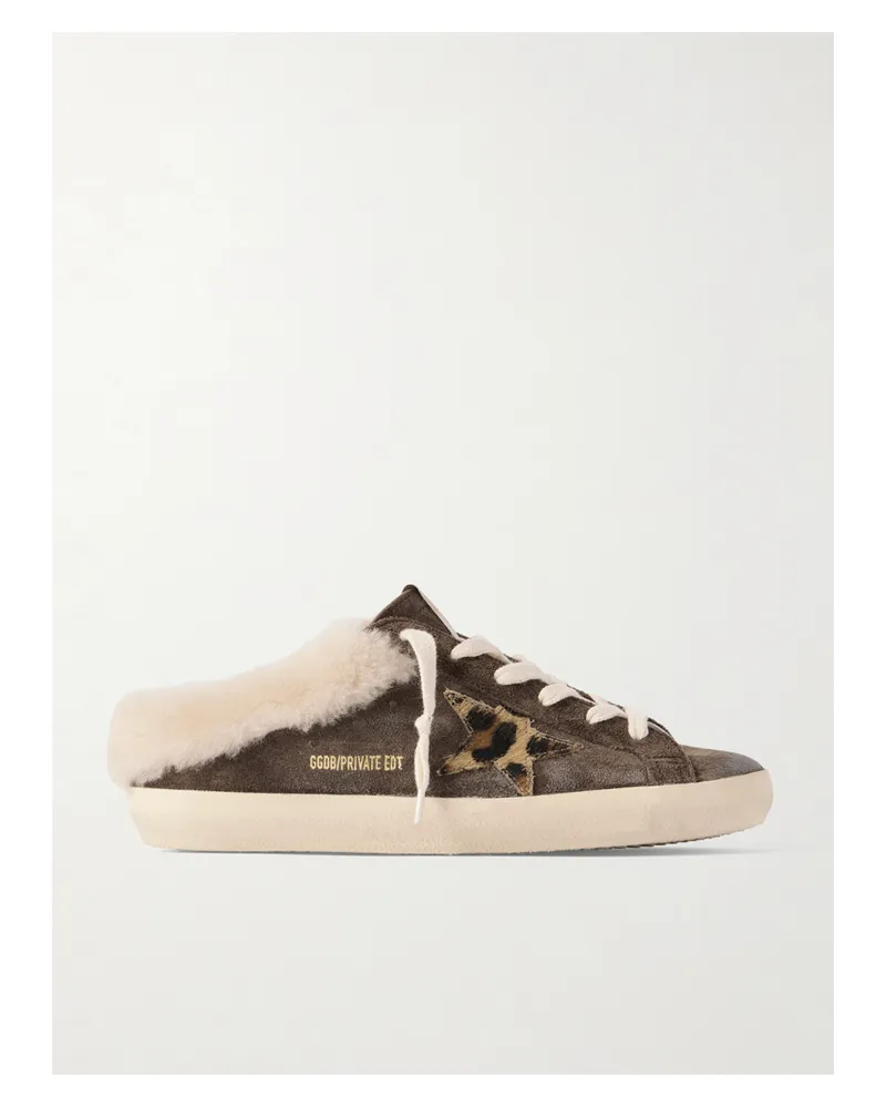 Golden Goose Super-star Sabot Slip-ons Aus Veloursleder Mit Shearling-futter Und Besatz Aus Kalbshaar In Distressed-optik - Braun Braun
