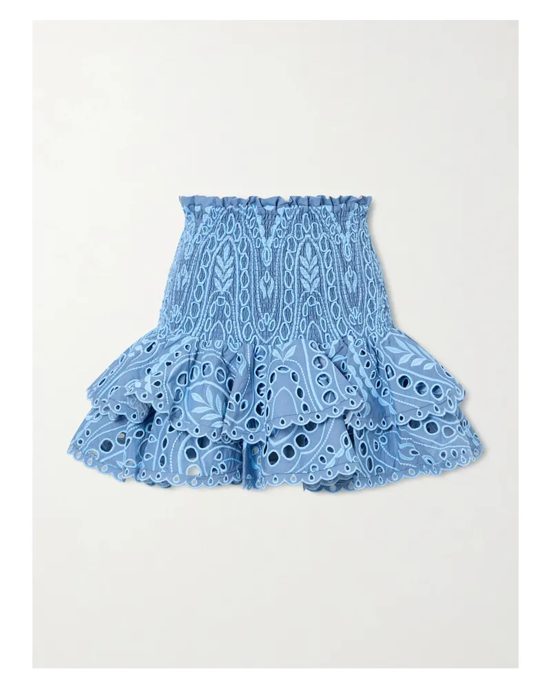 Charo Ruiz Nerissa Tiered Shirred Broderie Anglaise Cotton-blend Mini Skirt - Blue Blue
