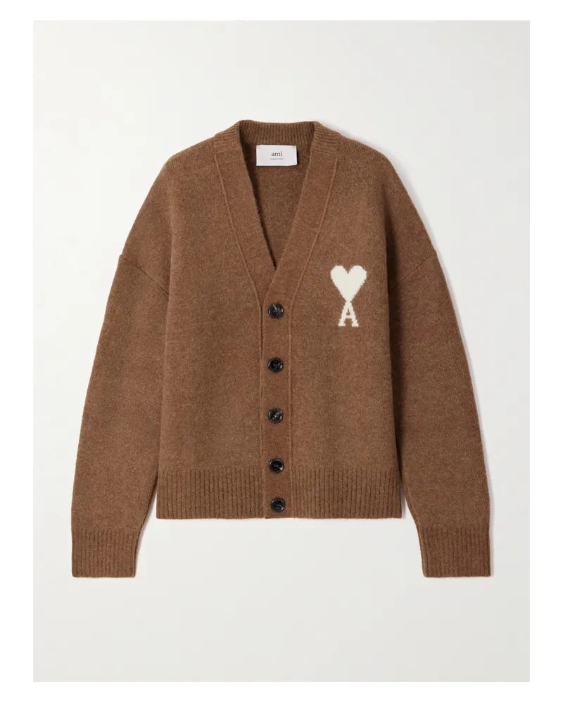 AMI Paris Cardigan Aus Einer Alpakawoll-wollmischung Mit Intarsienmotiv - Braun Braun