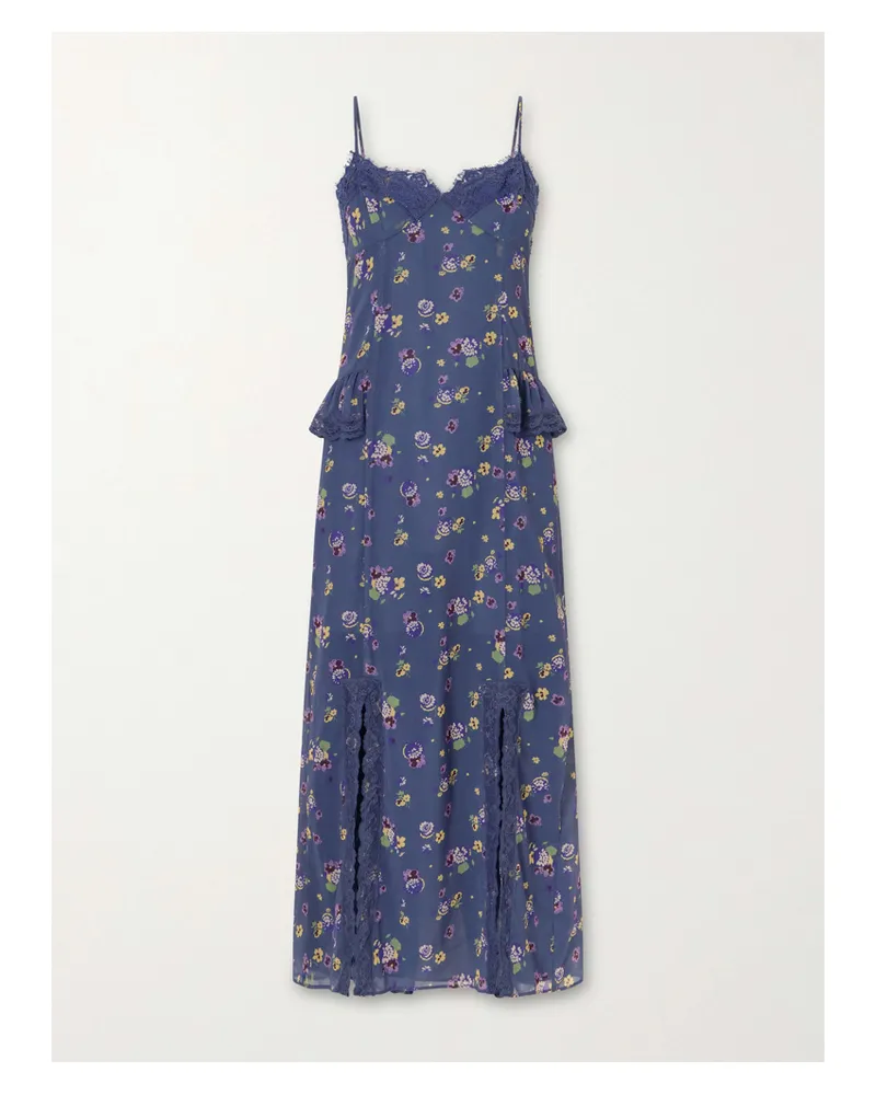 Anna Sui Night Blooming Floral-print Lace-trimmed Chiffon Midi Dress - Blue Blue