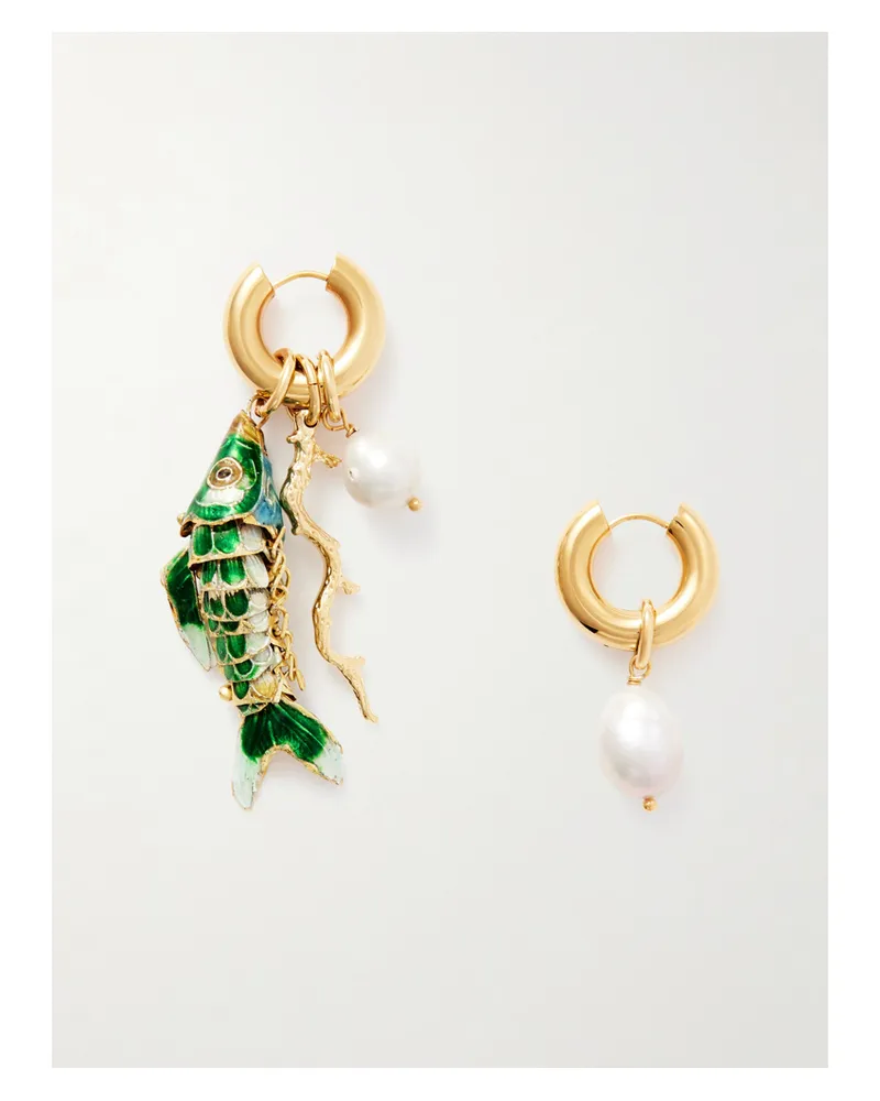 Martha Calvo Barrier Gold-plated, Enamel And Pearl Hoop Earrings - Green Green