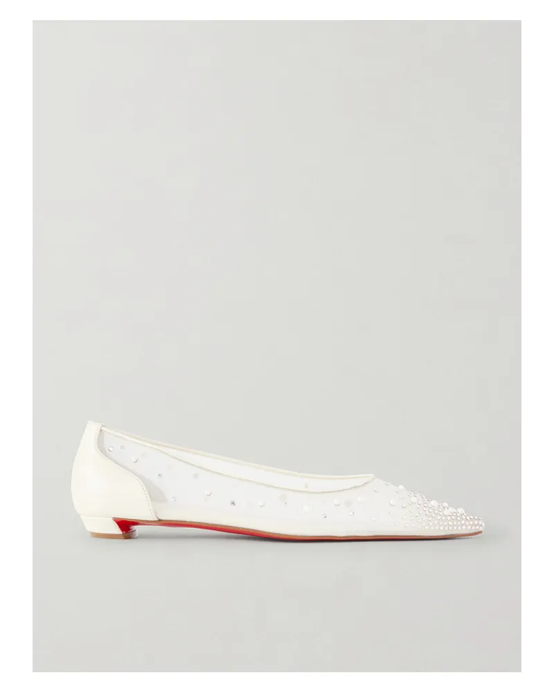 Christian Louboutin Miss Z Degrastrassina Leather-trimmed Embellished Mesh Point-toe Flats - White White