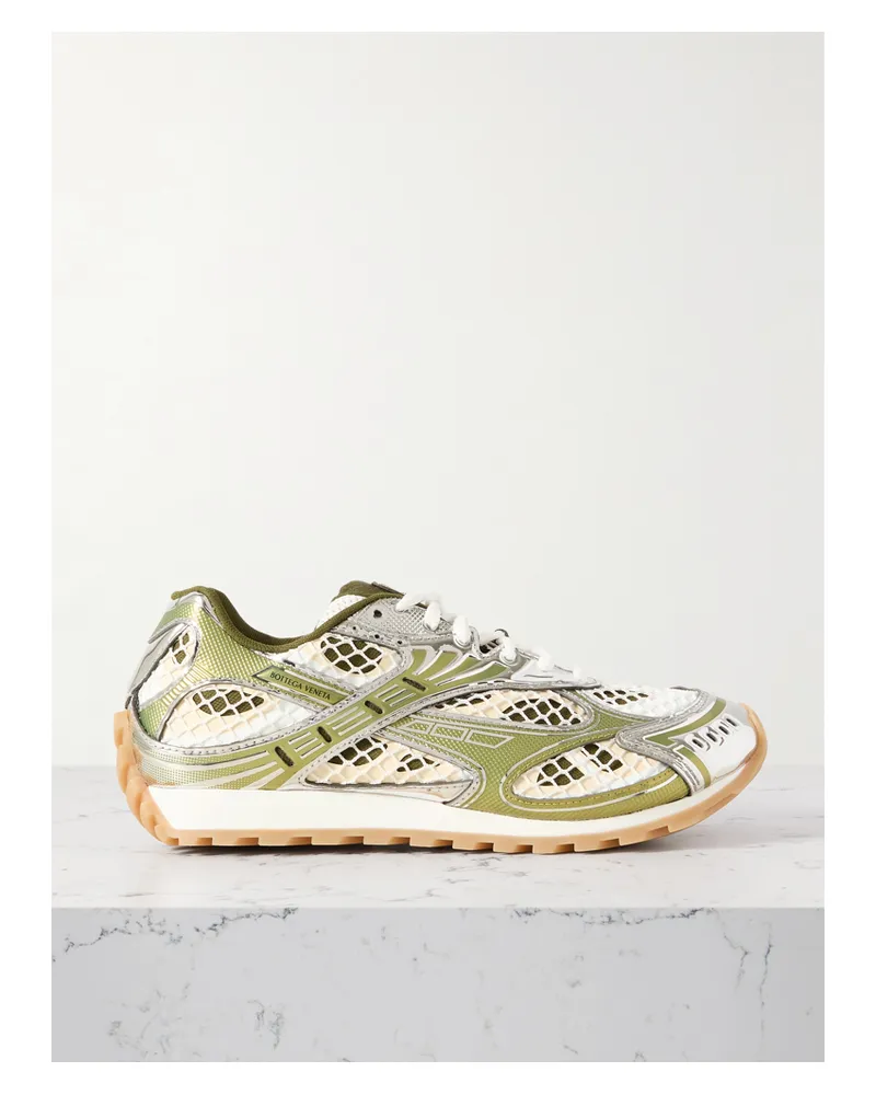 Bottega Veneta Orbit Metallic Rubber, Mesh And Fishnet Sneakers - Off-white Off-white