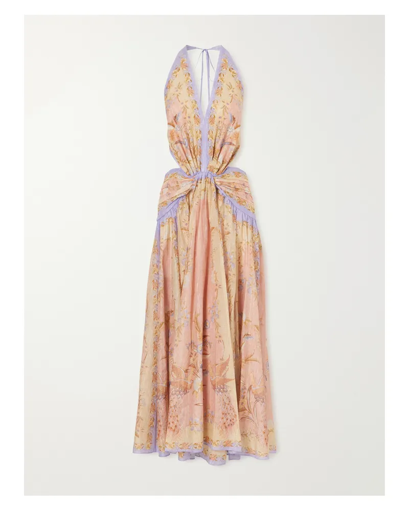 Zimmermann Indra Plunge Printed Metallic Cotton And Silk-blend Halterneck Maxi Dress - Pink Pink