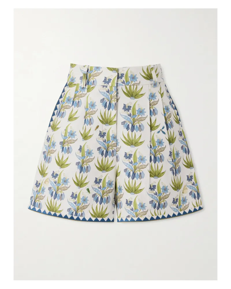 Emporio Sirenuse Beatrice Celestine Pleated Floral-print Linen And Cotton-blend Shorts - Blue Blue