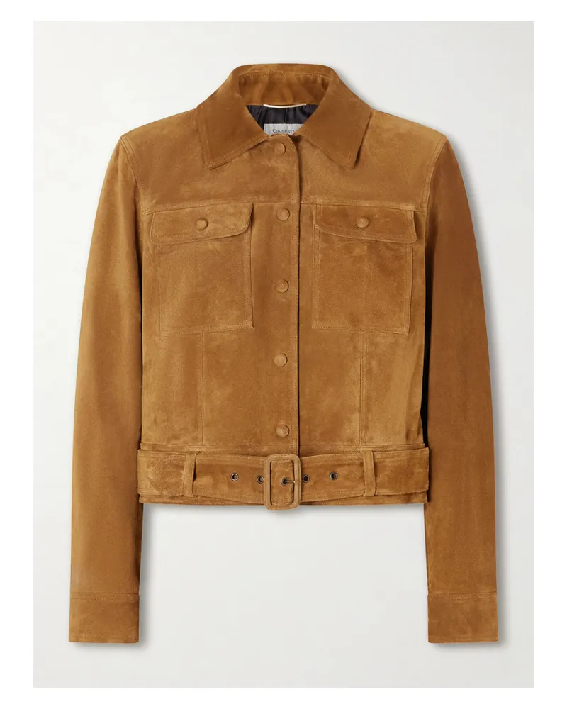 Saint Laurent Cropped Belted Suede Jacket - Brown Brown