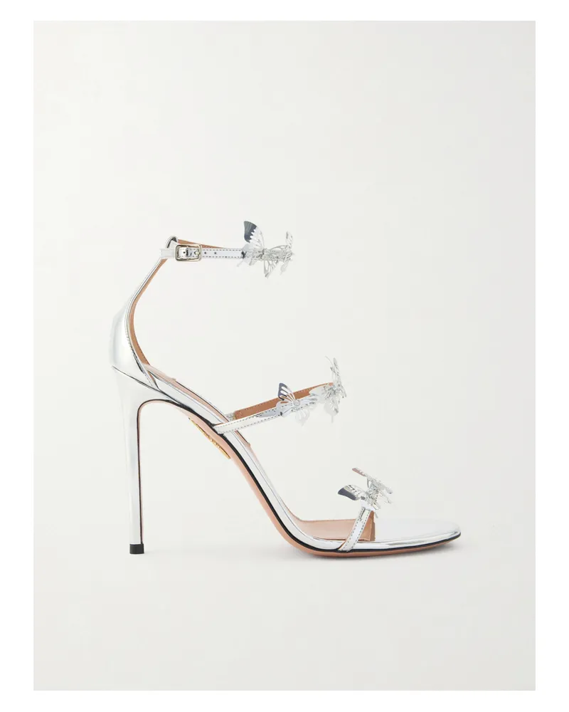 Aquazzura Papillon Sauvage 105 Embellished Metallic-leather Sandals - Silver Silver