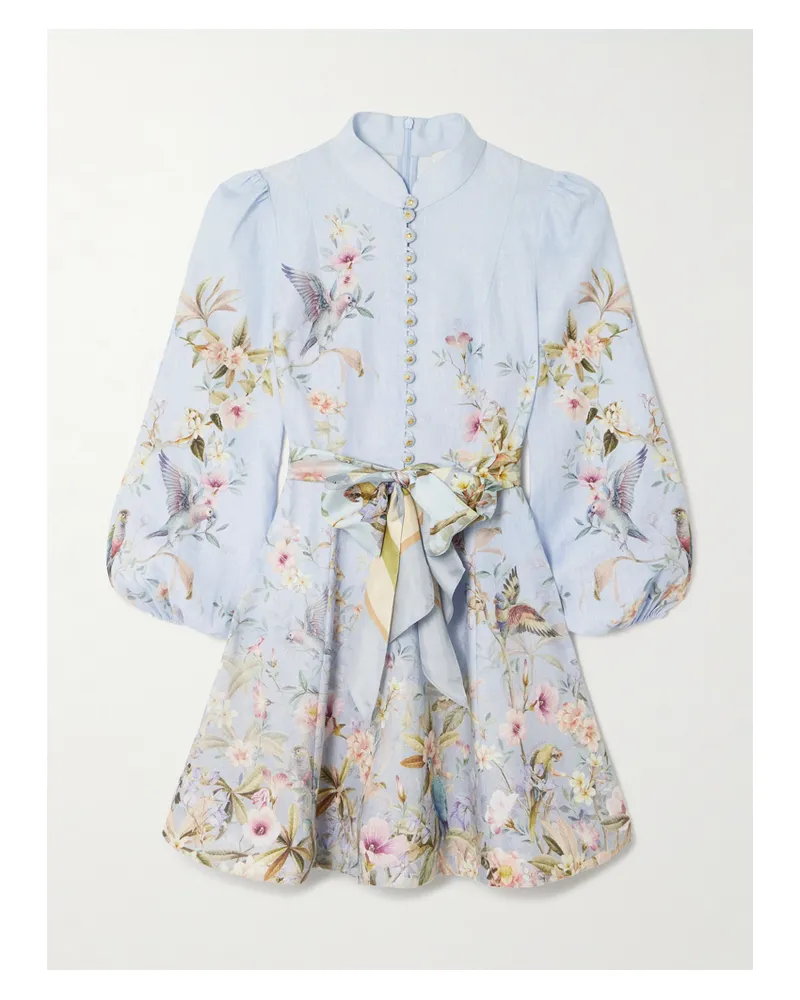Zimmermann Rebellion Belted Printed Linen Mini Dress - Blue Blue