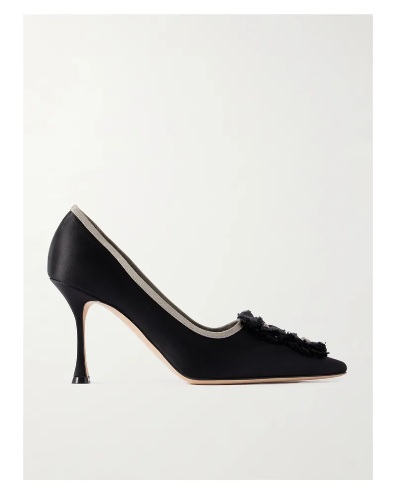 Manolo Blahnik Montmedy 95 Grosgrain-trimmed Appliquéd Satin Pumps - Black Black