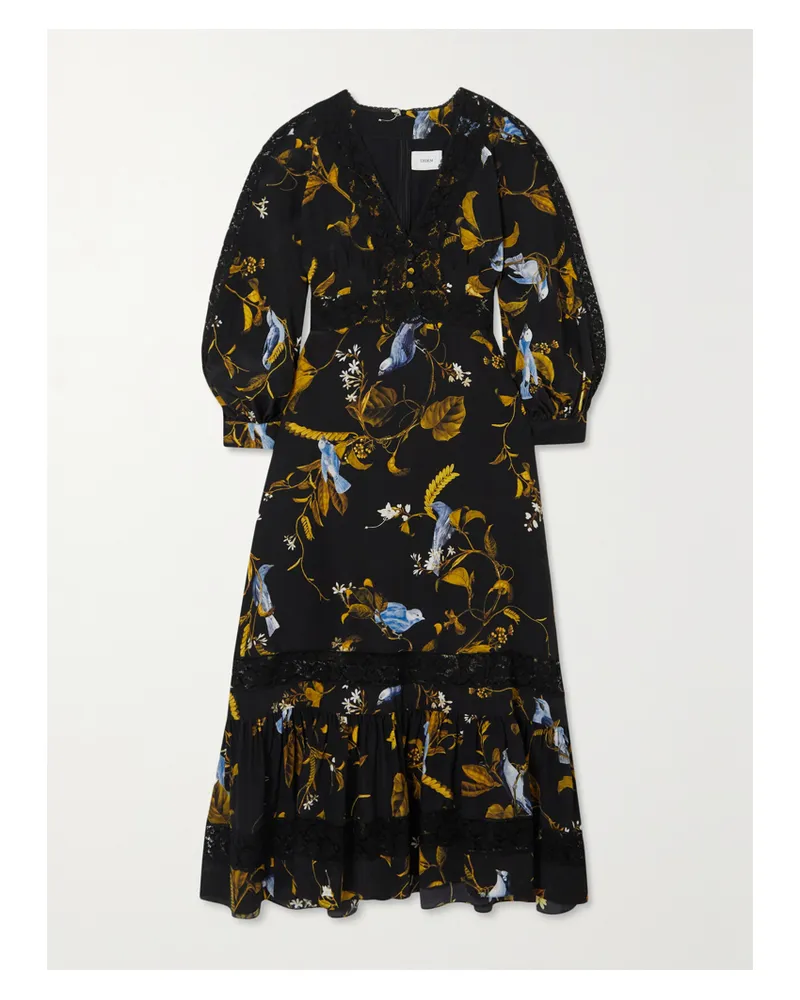 Erdem Midikleid Aus Bedrucktem Crêpe De Chine Aus Seide Mit Spitzeneinsätzen - Schwarz Schwarz