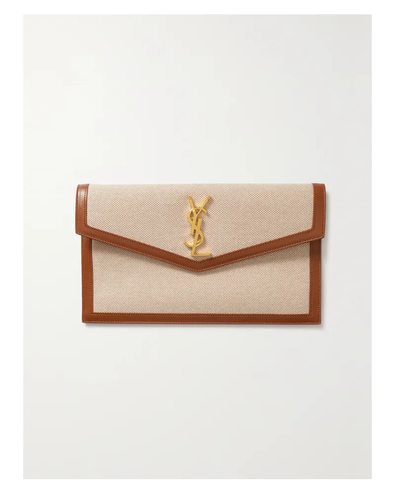 Saint Laurent Uptown Leather-trimmed Cotton-canvas Pouch - Brown Brown