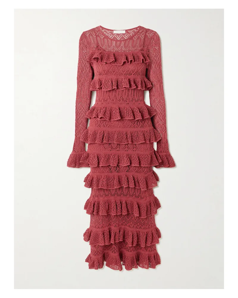 Zimmermann Wanderlust Maxikleid Aus Lochstrick Mit Rüschen - Rot Rot