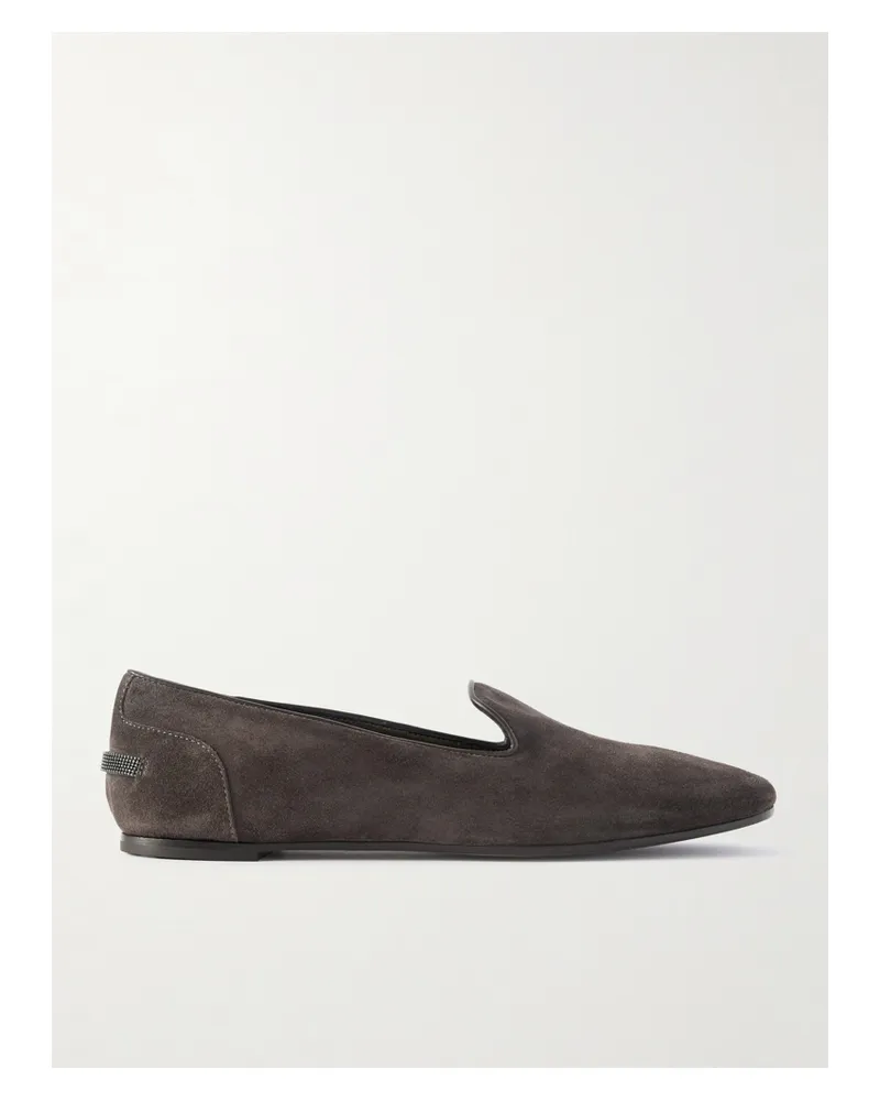 Brunello Cucinelli Flache Schuhe Aus Veloursleder Mit Lederbesätzen Und Zierperlen - Braun Braun