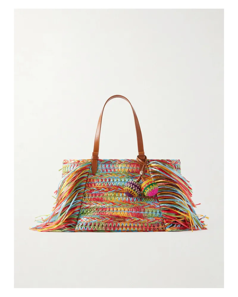 Aquazzura Trancoso Fringed Embellished Leather-trimmed Woven Raffia Tote - Multi Multi