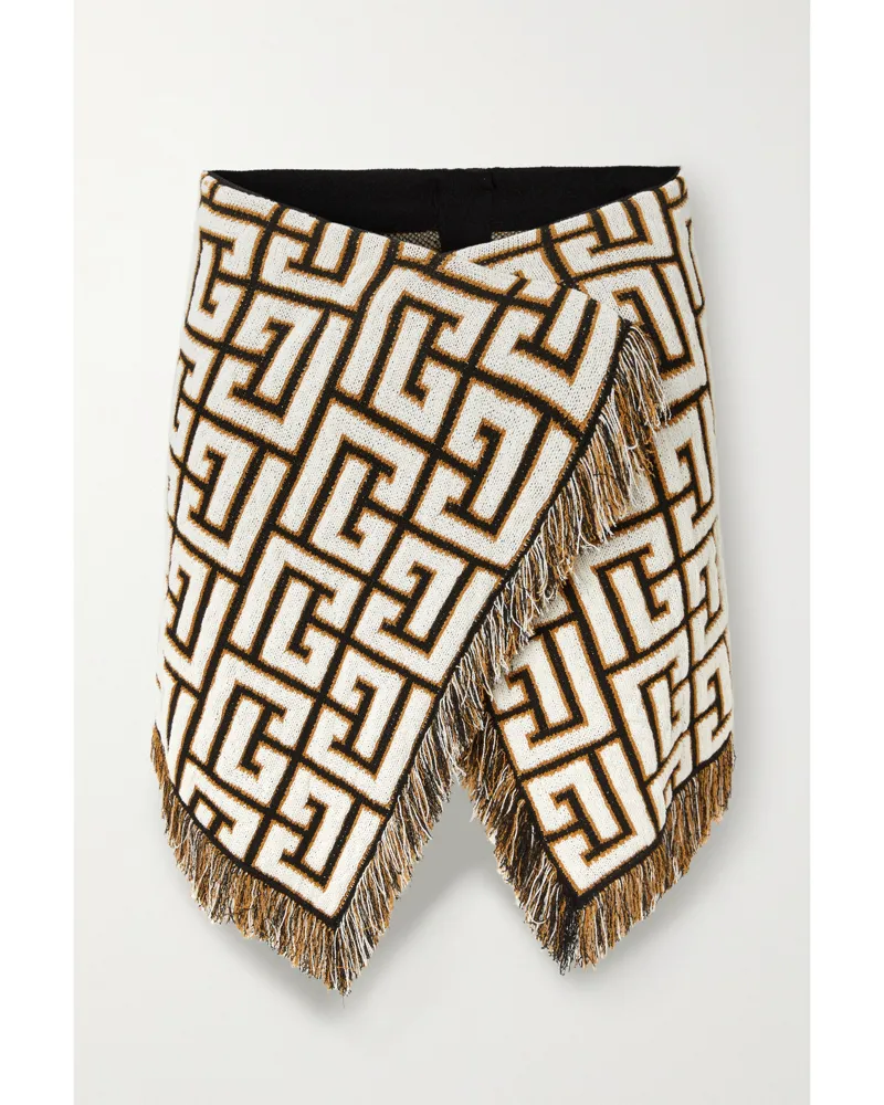 Balmain Minirock Aus Jacquard-strick Mit Fransen Und Wickeleffekt - Schwarz Schwarz