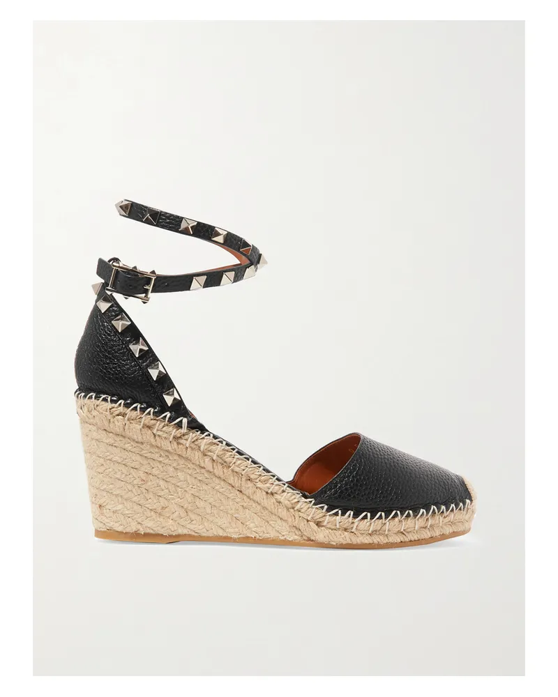 Valentino Garavani Valentino Garavani Rockstud 85 Espadrille-wedges Aus Strukturiertem Leder - Schwarz Schwarz
