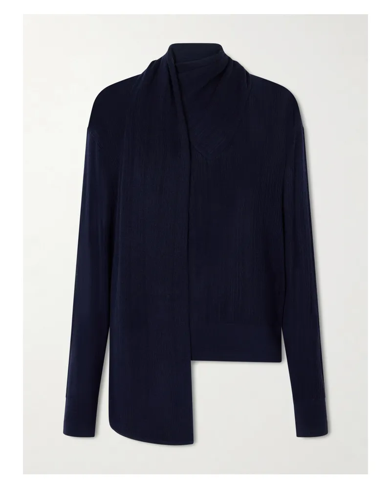 Maria Mcmanus Scarf-detailed Ribbed Merino Wool Sweater - Blue Blue
