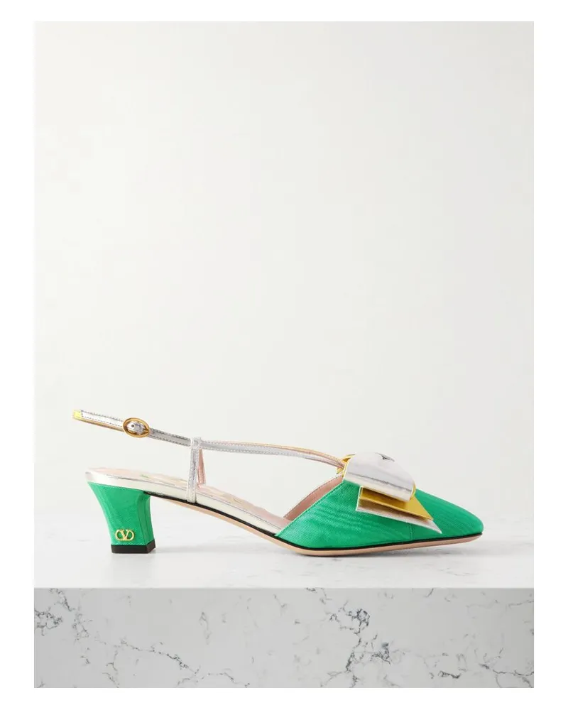 Valentino Garavani Bowow 45 Slingback-pumps Aus Zweifarbigem Metallic-leder Und Moiré - Grün Grün