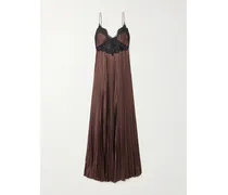 Lace-trimmed Plissé-satin Maxi Dress - Brown