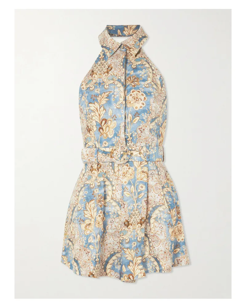 Zimmermann Daylight Belted Printed Linen Halterneck Playsuit - Blue Blue