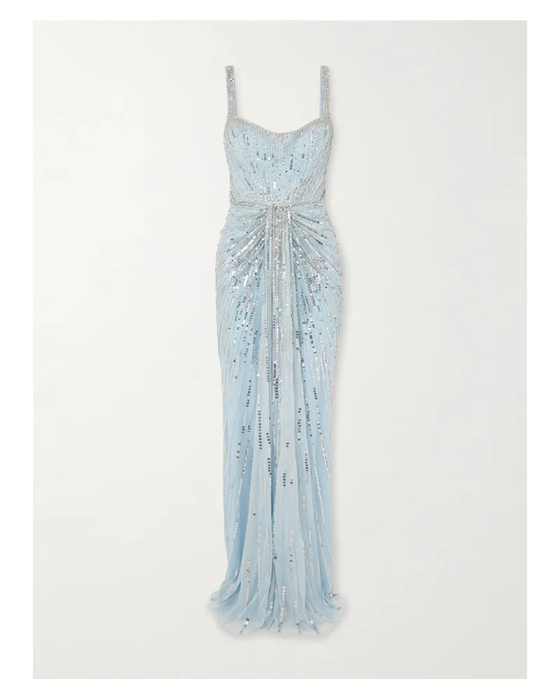 Jenny Packham Chrissy Gathered Draped Embellished Tulle Gown - Blue Blue