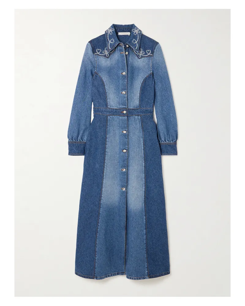 Chloé Zweifarbiges Midi-jeanskleid Aus Einer Baumwoll-hanfmischung Mit Stickereien - Blau Blau