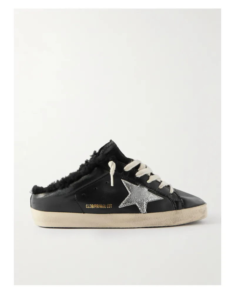 Golden Goose Super-star Sabot Distressed Shearling-lined Leather Slip-on Sneakers - Black Black