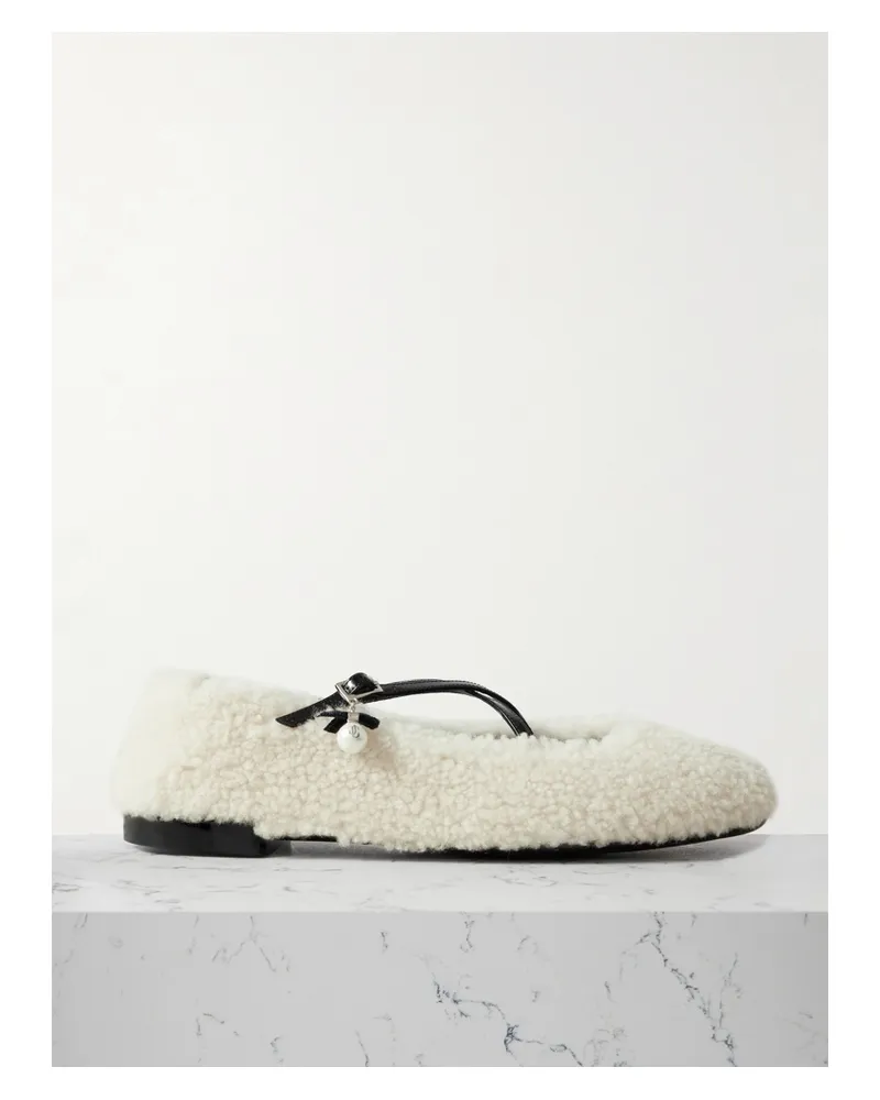 Jimmy Choo Eleri Embellished Patent Leather-trimmed Shearling Ballet Flats - Cream Cream