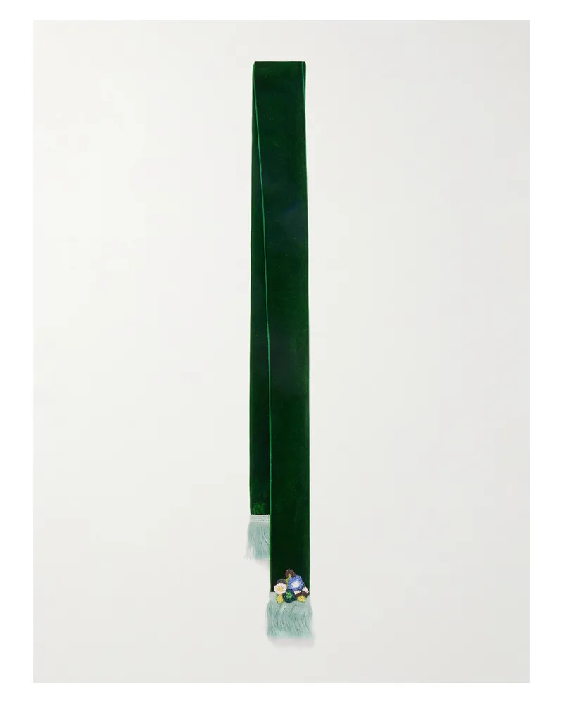 Valentino Garavani Fringed Embellished Velvet Scarf - Green Green