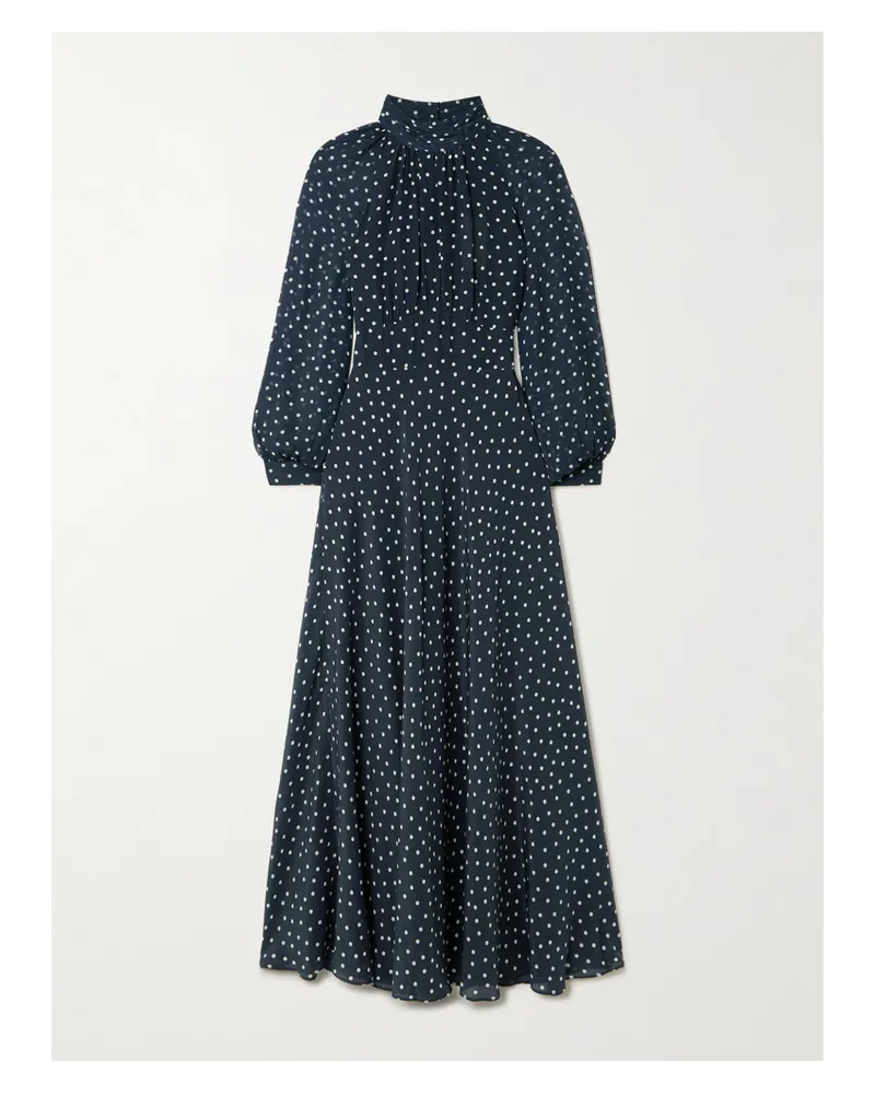 RIXO Paige Midikleid Aus Seidenchiffon Mit Polka-dots Und Stehkragen Zum Binden - Blau Blau