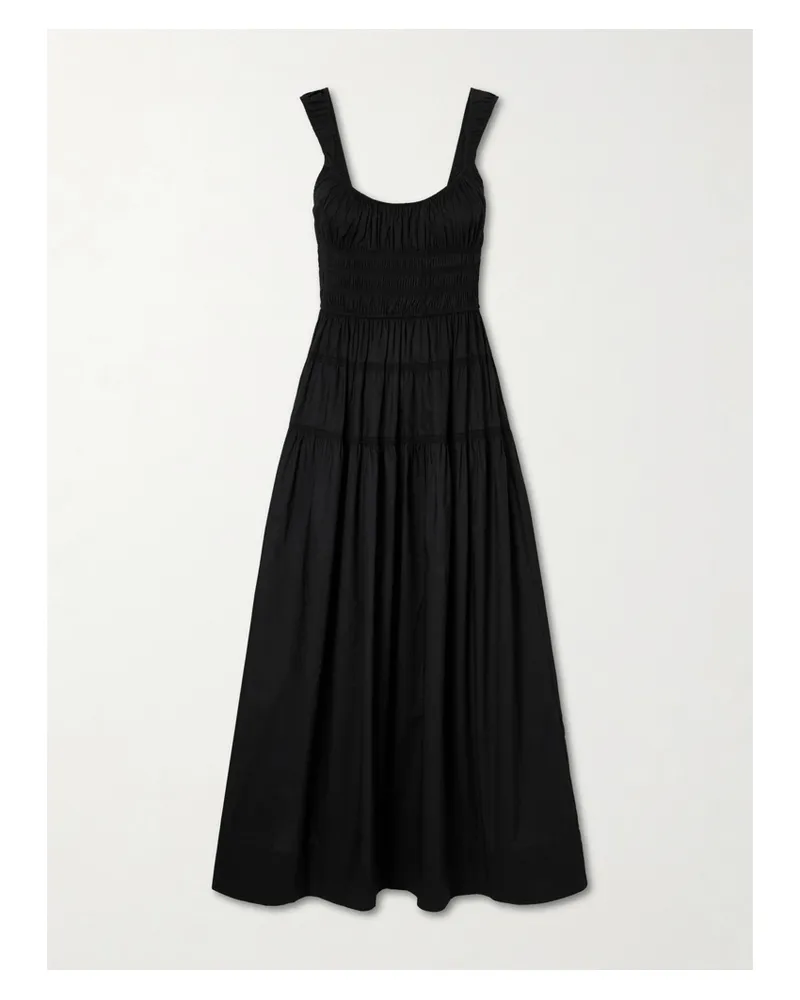 DÔEN Clover Smocked Organic Cotton-poplin Midi Dress - Black Black