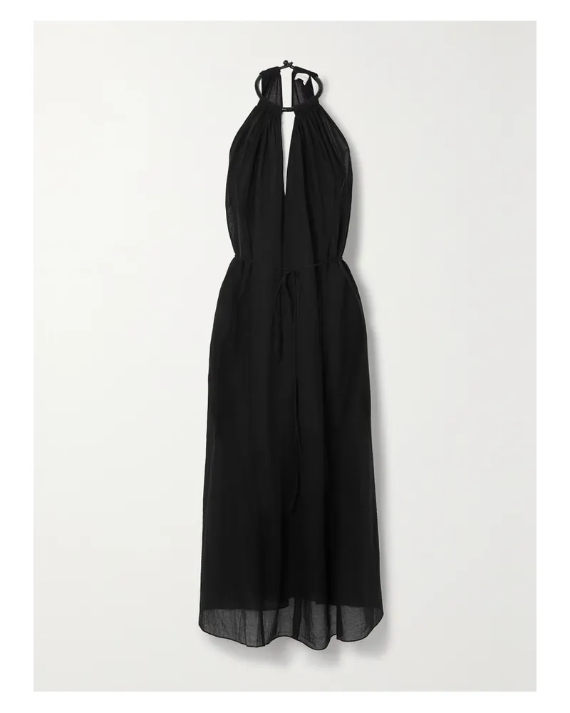 THREE GRACES Rhian Neckholder-midikleid Aus Baumwoll-voile Mit Lederbesatz - Schwarz Schwarz