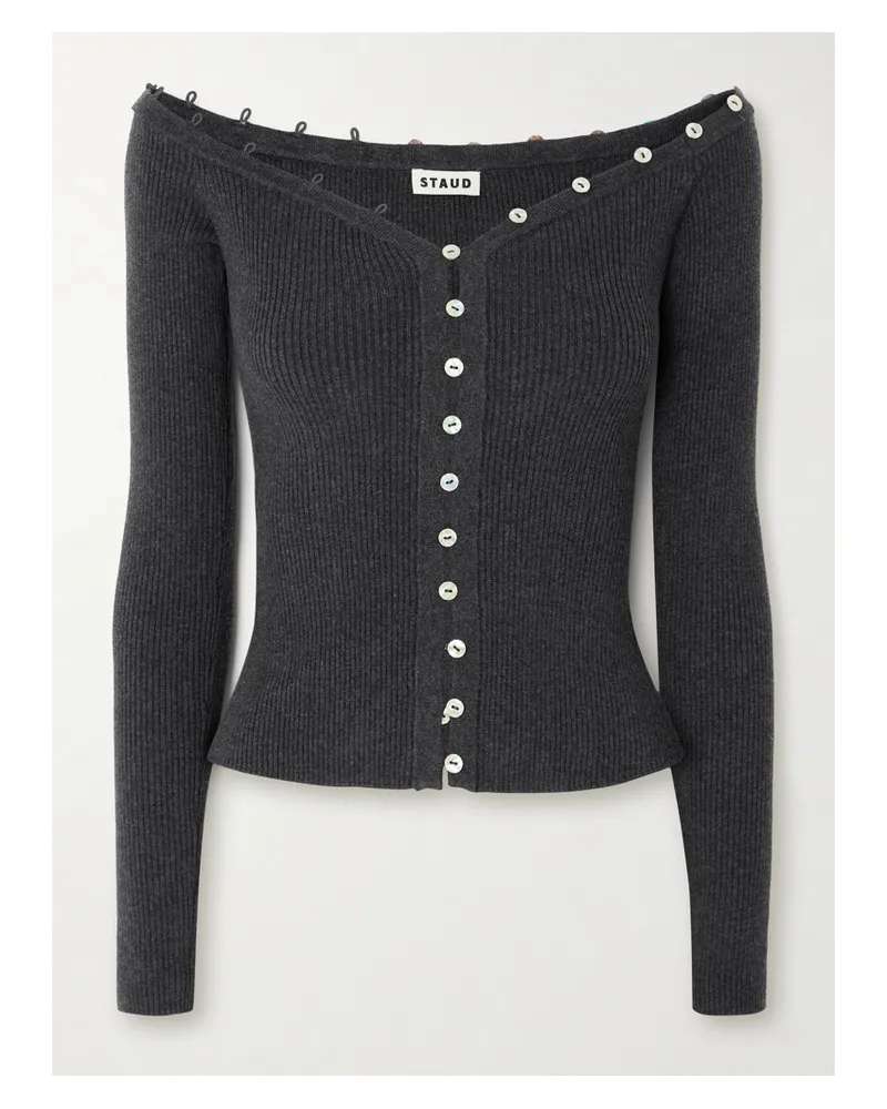 STAUD Keaton Schulterfreier Cardigan Aus Einer Gerippten Baumwoll-wollmischung - Grau Grau