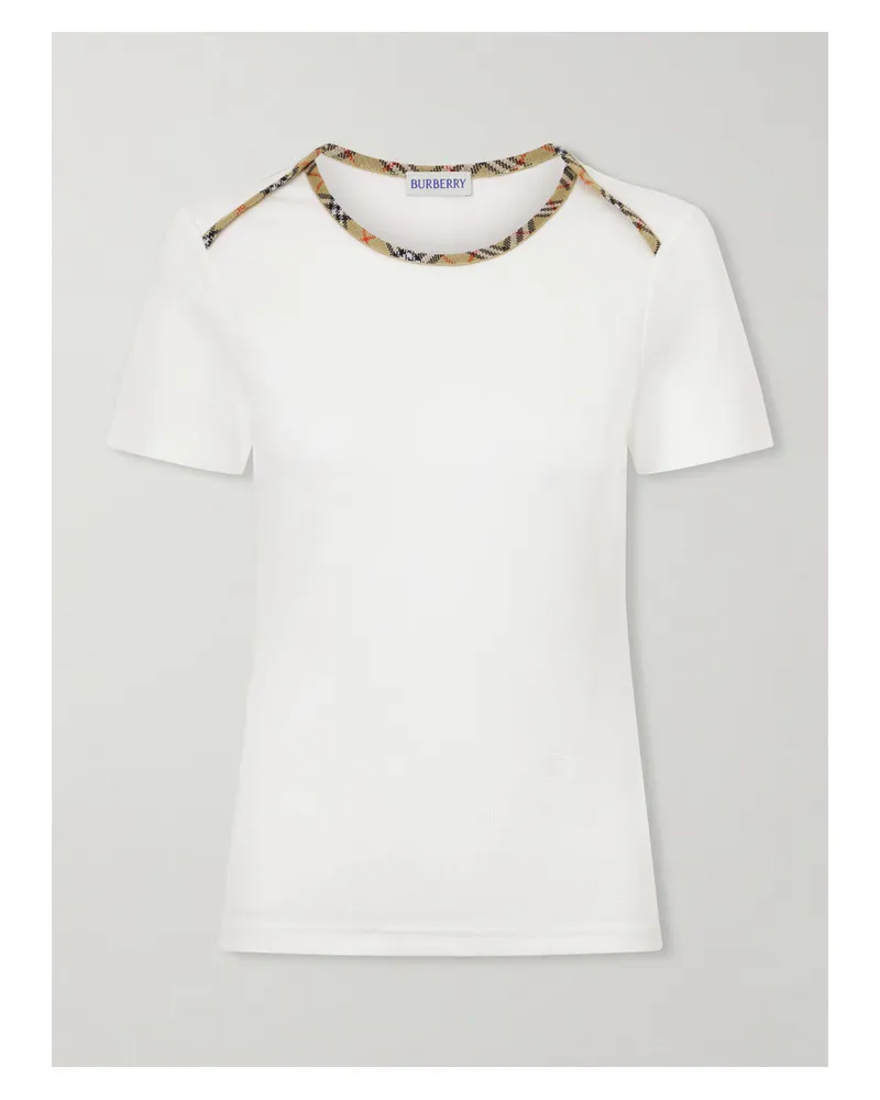 Burberry Stephanie Tartan-trimmed Stretch-cotton Jersey T-shirt - Neutrals Neutrals