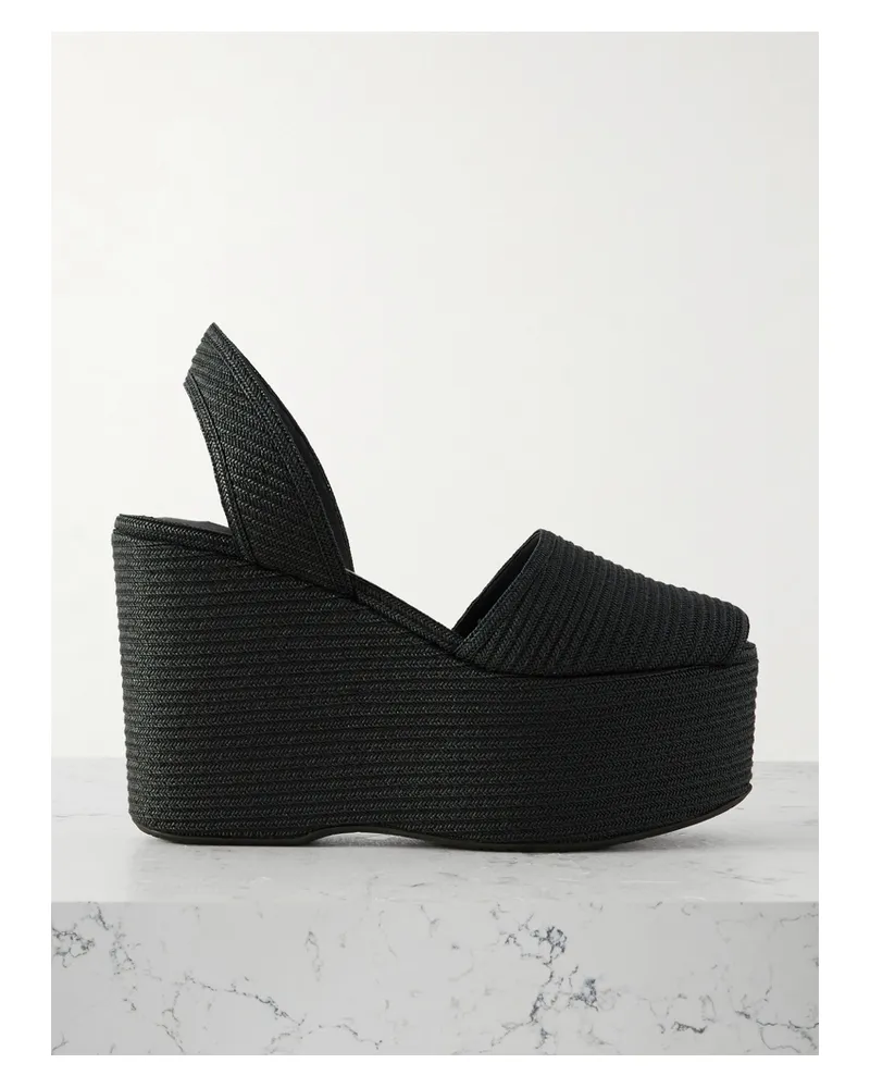 Alaïa Straw Slingback Platform Wedge Sandals - Black Black