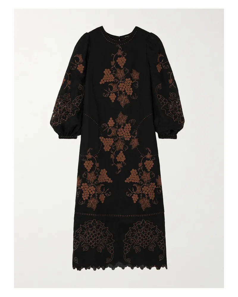 VITA KIN Ophelia Midikleid Aus Leinen Mit Stickereien Und Wellenkante - Schwarz Schwarz