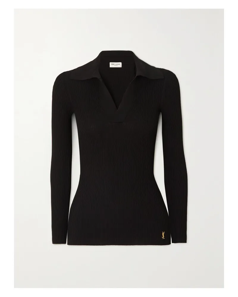 Saint Laurent Verzierter Rippstrickpullover Mit Polokragen - Schwarz Schwarz