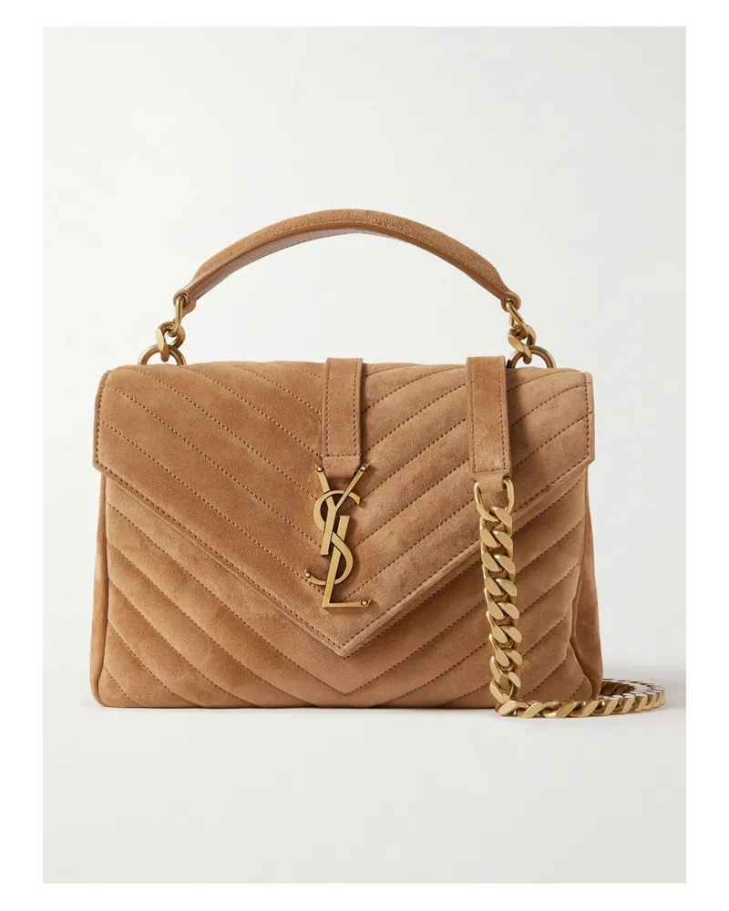 Saint Laurent College Medium Chain Quilted Suede Shoulder Bag - Brown Brown