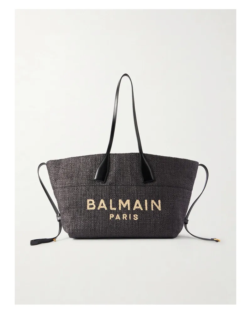 Balmain Track Leather-trimmed Raffia Tote - Black Black