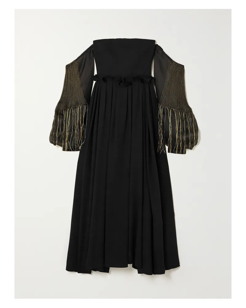 Loewe Schulterfreie Robe Aus Besticktem Seidenorganza Und Wolle Mit Lederbesatz - Schwarz Schwarz