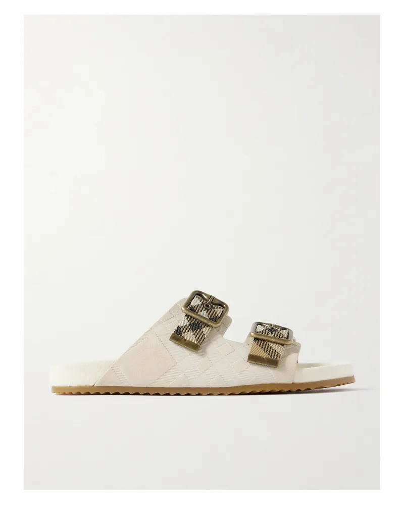 Burberry Checked Canvas Jacquard-trimmed Suede Sandals - Cream Cream