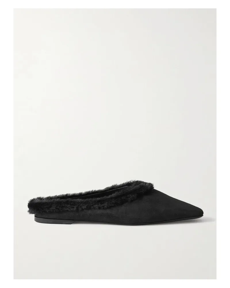 Totême Slippers Aus Veloursleder Mit Shearling-besatz - Schwarz Schwarz