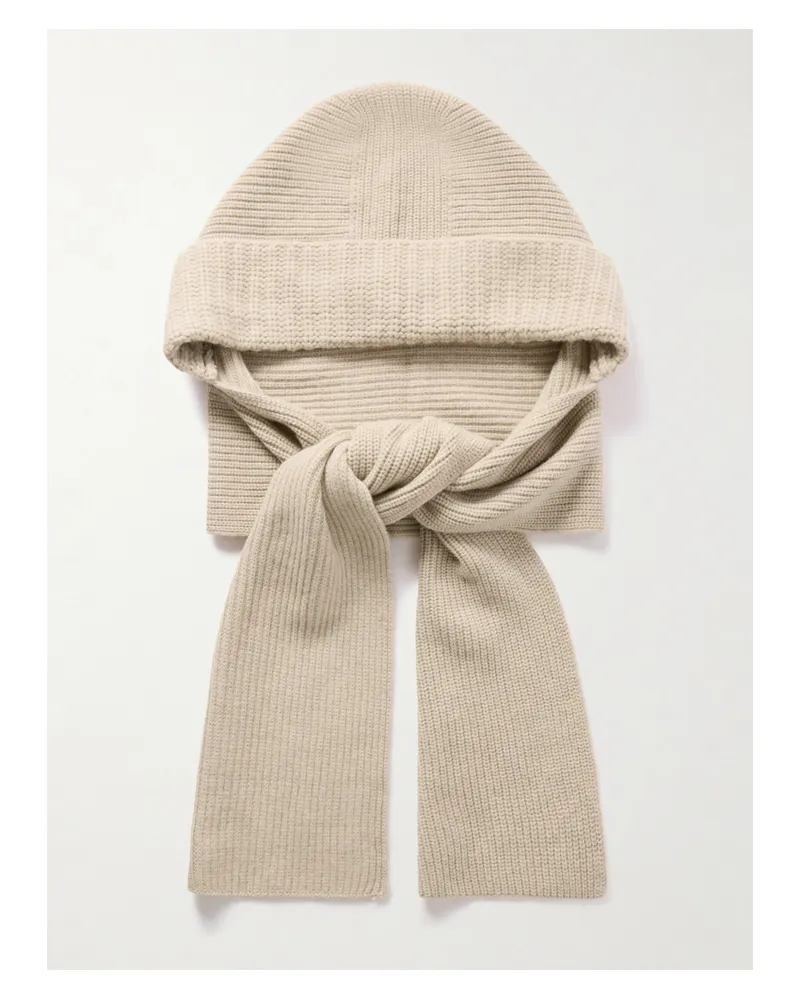 Yves Salomon Hooded Ribbed Wool And Cashmere-blend Snood - Neutrals Neutrals