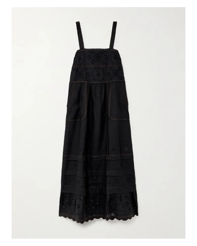 VITA KIN Sabrina Maxikleid Aus Leinen Mit Lochstickerei Und Wellenkanten - Schwarz Schwarz