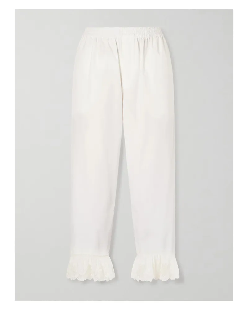Saint Laurent Cropped Ruffled Lace-trimmed Cotton-poplin Straight-leg Pants - White White