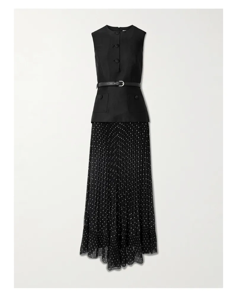 Self-Portrait Midikleid Aus Plissiertem Satin Mit Polka-dots Und Taft Mit Gürtel - Schwarz Schwarz